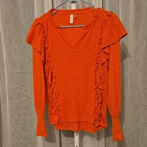 Pilcro Orange V-Neck Ruffle Long Sleeve Top